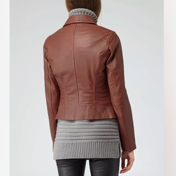 Reiss Cognac Brown Banksy Leather Biker Jacket - Picture 4 of 12